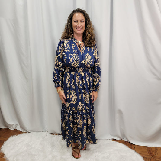Paisley Print Midi Dress Navy