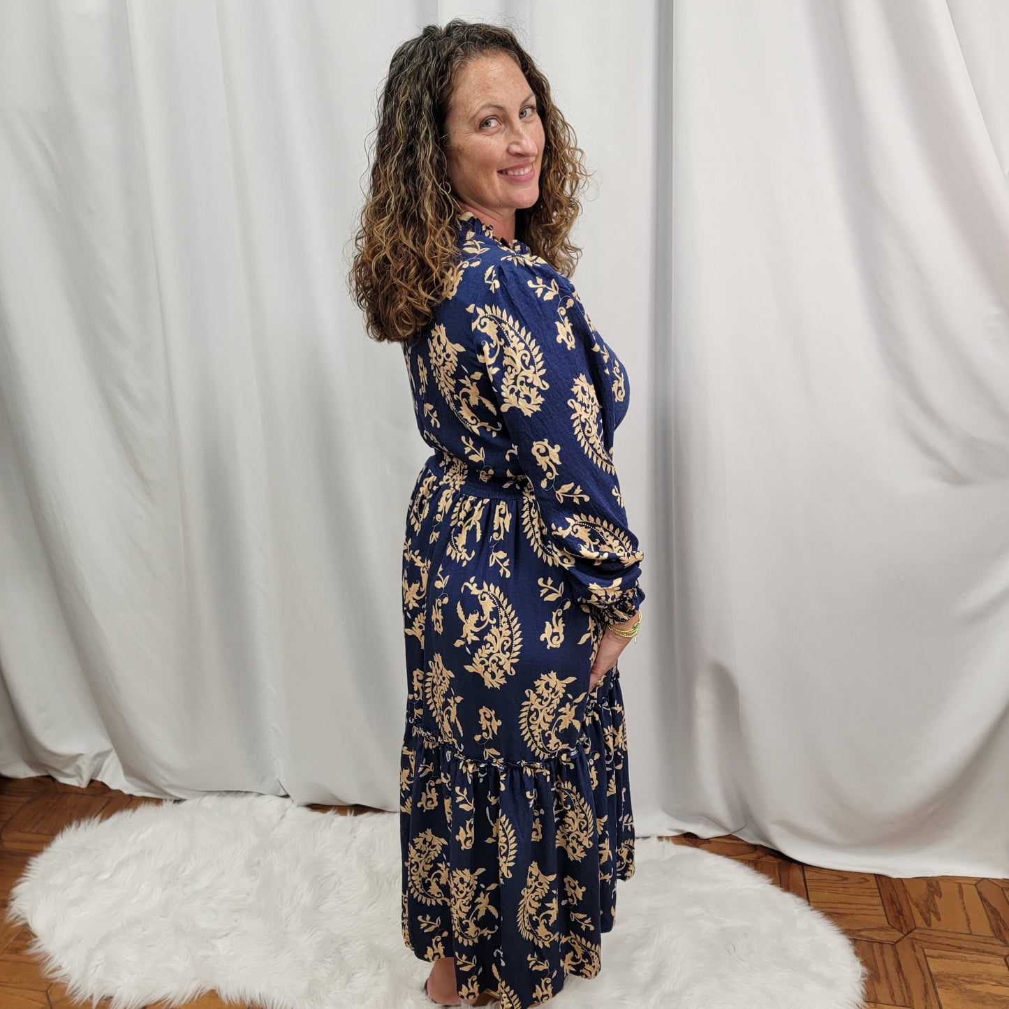 Paisley Print Midi Dress Navy