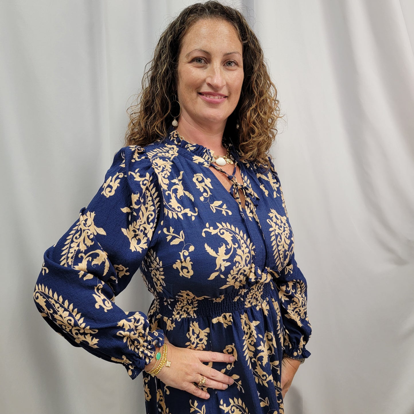 Paisley Print Midi Dress Navy