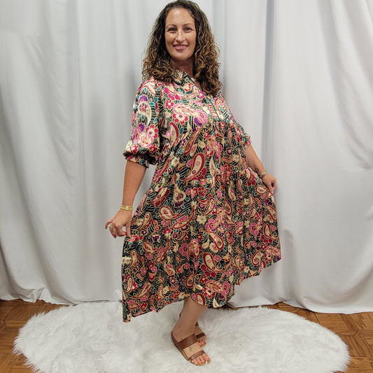 Paisley Print Satin Tiered Midi Dress