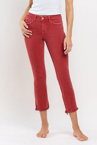 Mid Rise Frayed Hem Crop Slim Straight Jeans - Pompeian Red