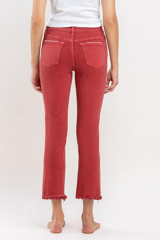 Mid Rise Frayed Hem Crop Slim Straight Jeans - Pompeian Red