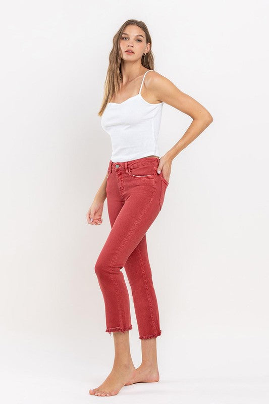 Mid Rise Frayed Hem Crop Slim Straight Jeans - Pompeian Red