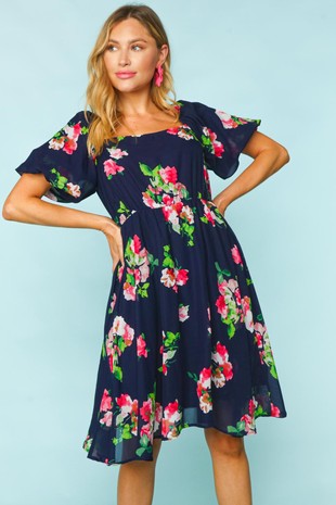 Floral Puff Bubble Short Sleeve Midi Length Dress