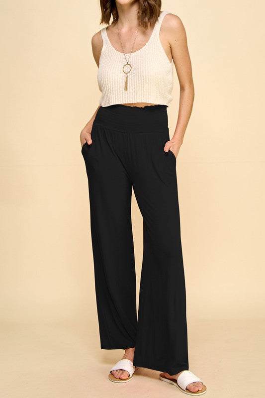 Elastic High Waisted Palazzo Pants with Pocket