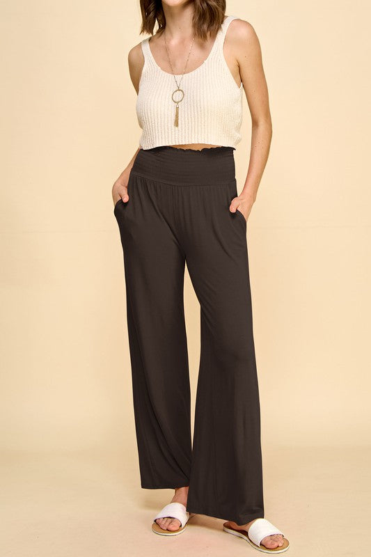 Elastic High Waisted Palazzo Pants with Pocket