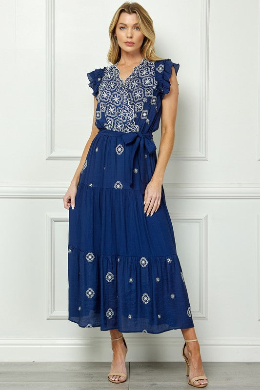 Embroidered Peasant Dress With Lining
