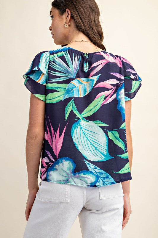 Print Pleated Neck Blouse