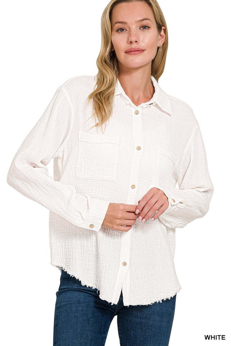 Double Gauze Button Down Roll-up Long Sleeve Shirt