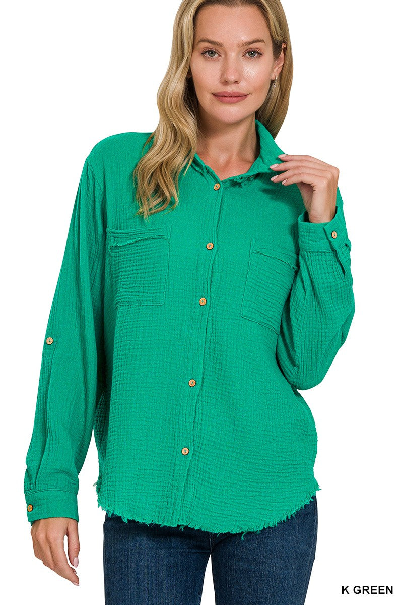 Double Gauze Button Down Roll-up Long Sleeve Shirt