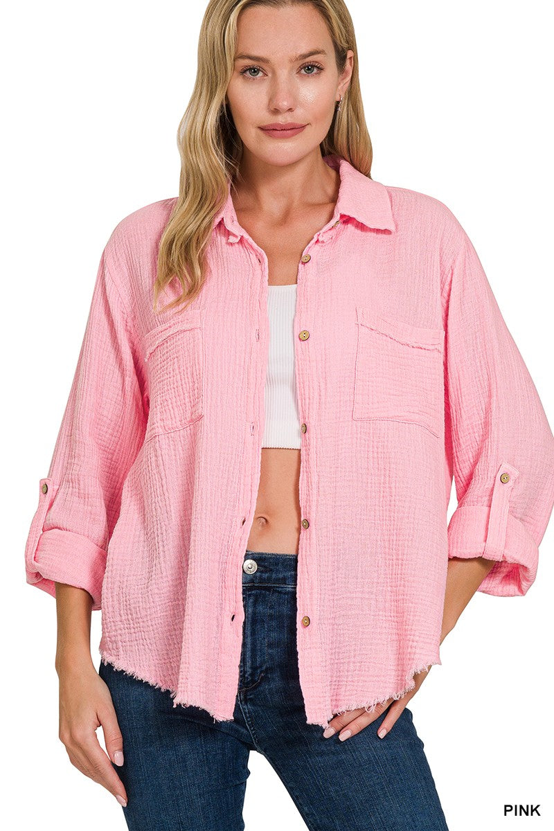 Double Gauze Button Down Roll-up Long Sleeve Shirt