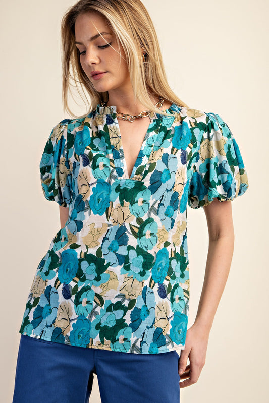 Vibrant Floral Print Split Neckline Blouse