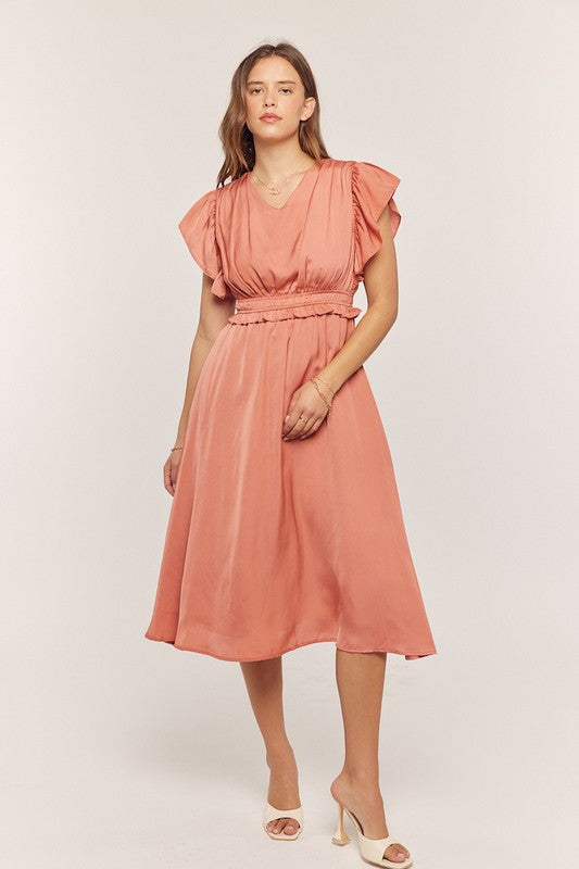 Satin Ruffle Sleeve Dress