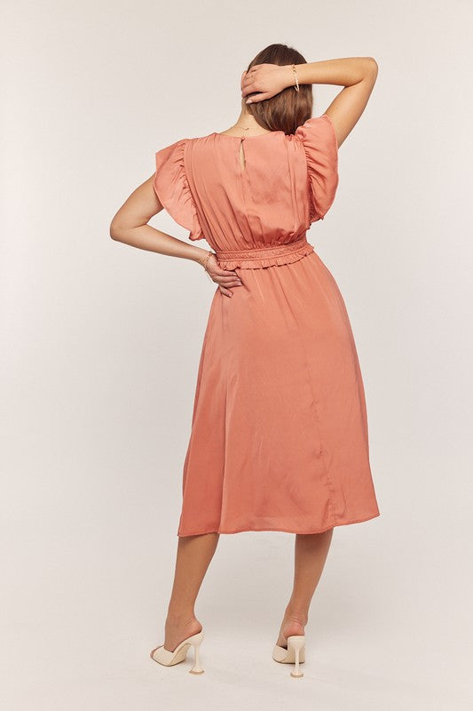 Satin Ruffle Sleeve Dress