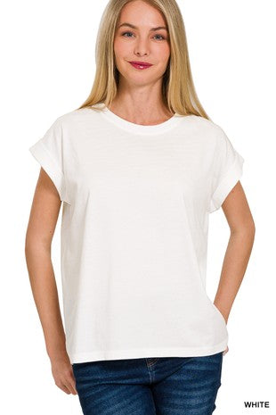 Round Neck Folded Short Sleeve T-Shirt in White