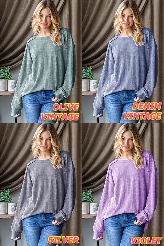 Long Puff Sleeve Solid Urban Ribbed Top