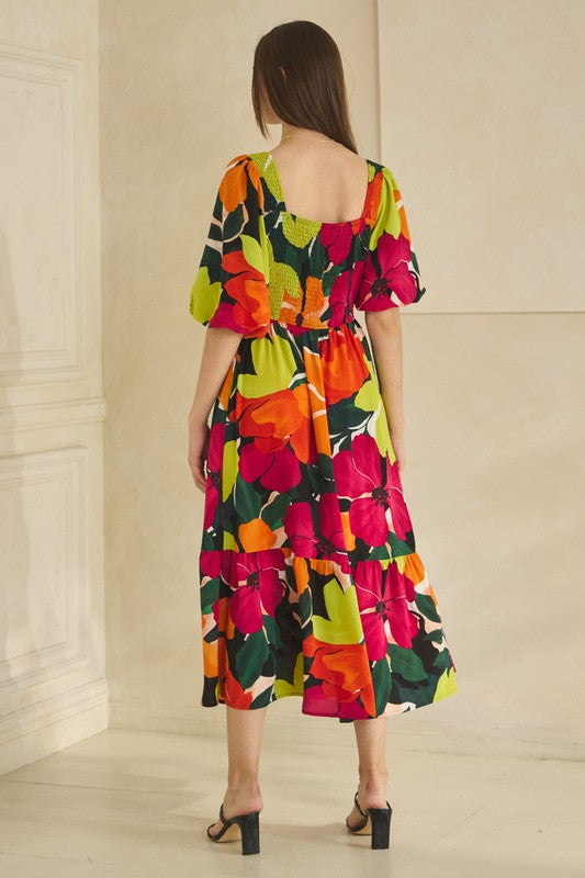 Floral Printed Bubble Sleeve Midi Dress