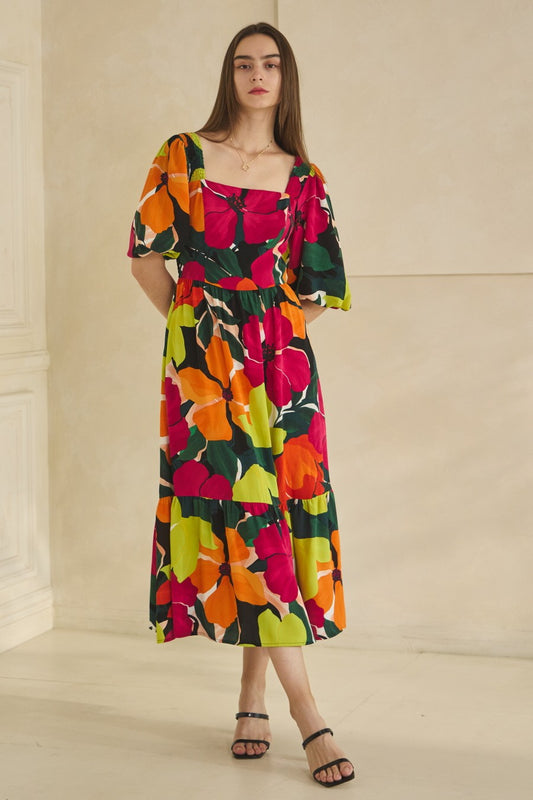 Floral Printed Bubble Sleeve Midi Dress