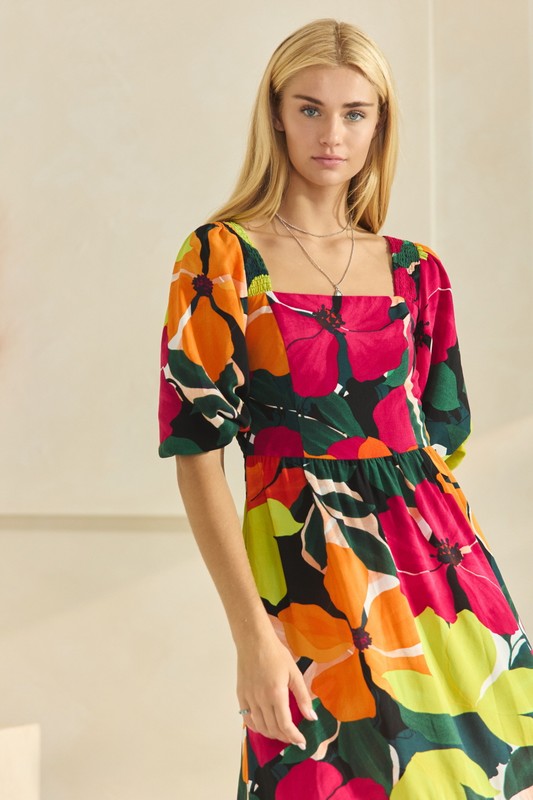 Floral Printed Bubble Sleeve Midi Dress