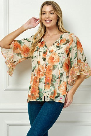 Sheer Printed Peasant Blouse