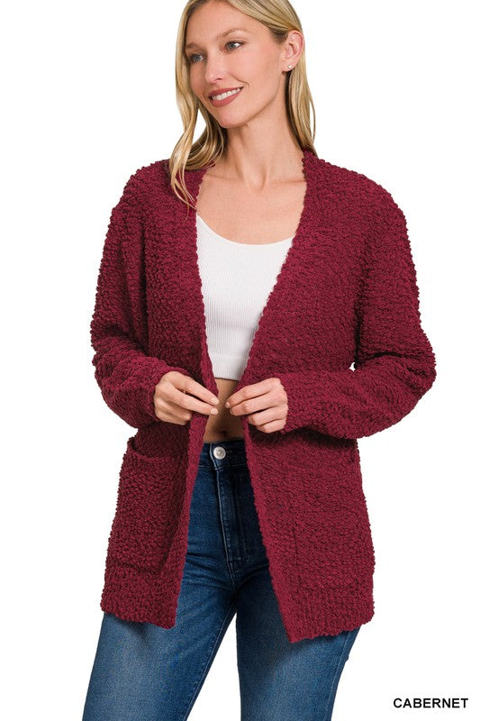 Long Sleeve Popcorn Sweater Cardigan with Pockets