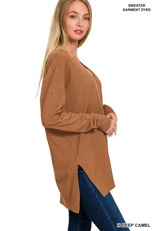 Hi-Low Hem V-Neck Center Seam Sweater