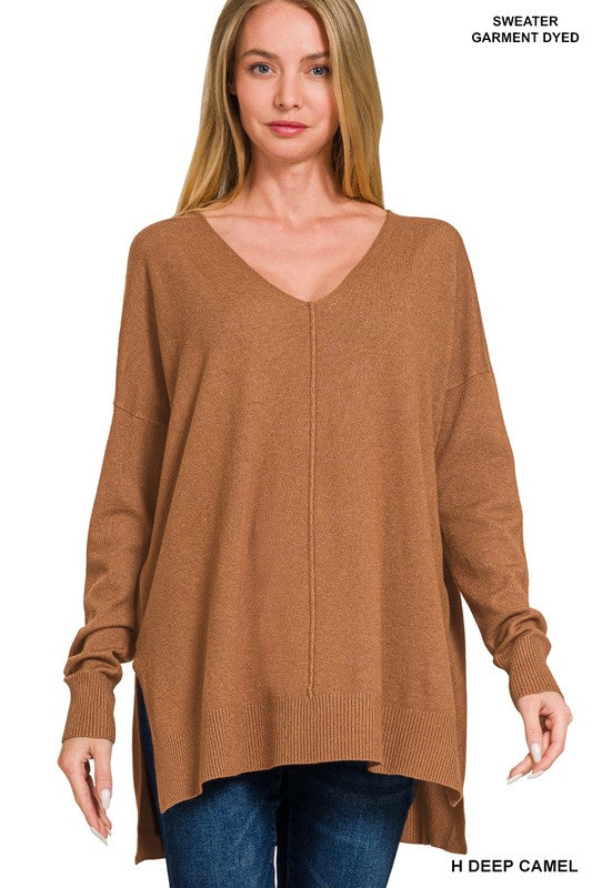 Hi-Low Hem V-Neck Center Seam Sweater