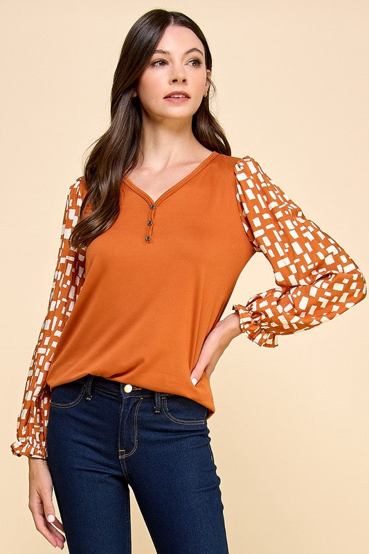 V Neck Solid Top With Geometric Printed Sleeves