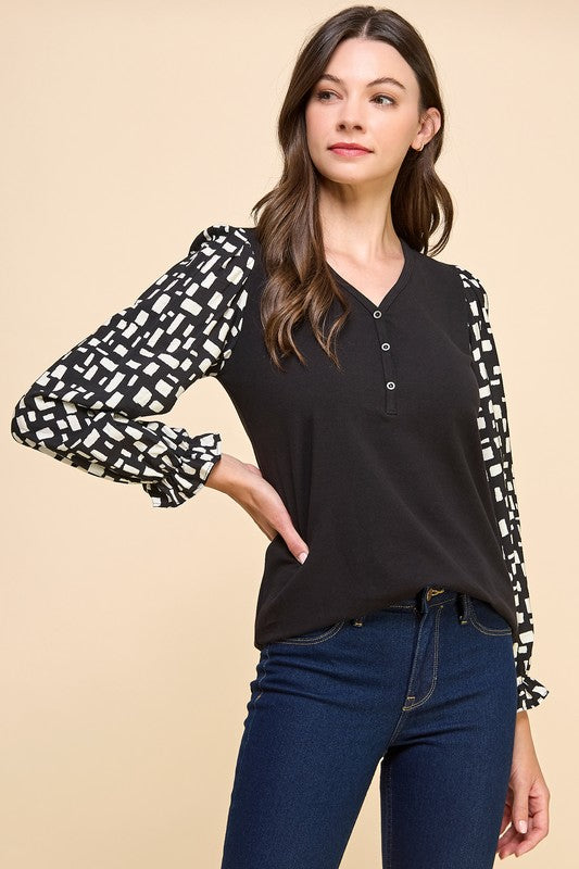 V Neck Solid Top With Geometric Printed Sleeves