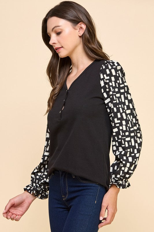 V Neck Solid Top With Geometric Printed Sleeves