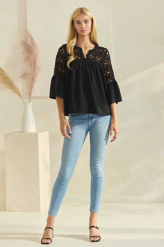 Solid Airflow Lace Trimmed Bell Sleeve Blouse