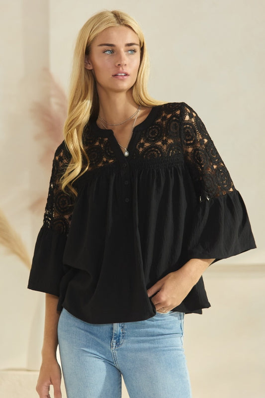 Solid Airflow Lace Trimmed Bell Sleeve Blouse