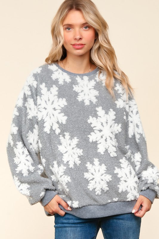 Sherpa Puffy Snowflake Pullover Knit Top