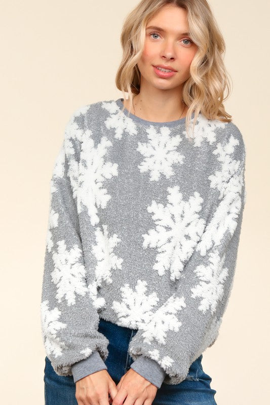 Sherpa Puffy Snowflake Pullover Knit Top