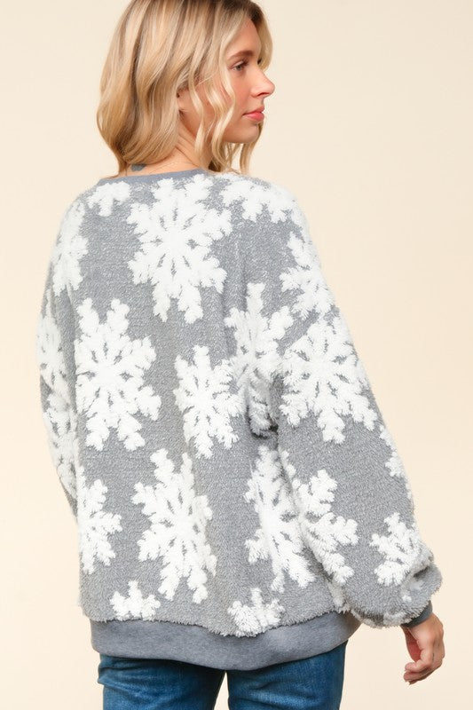 Sherpa Puffy Snowflake Pullover Knit Top