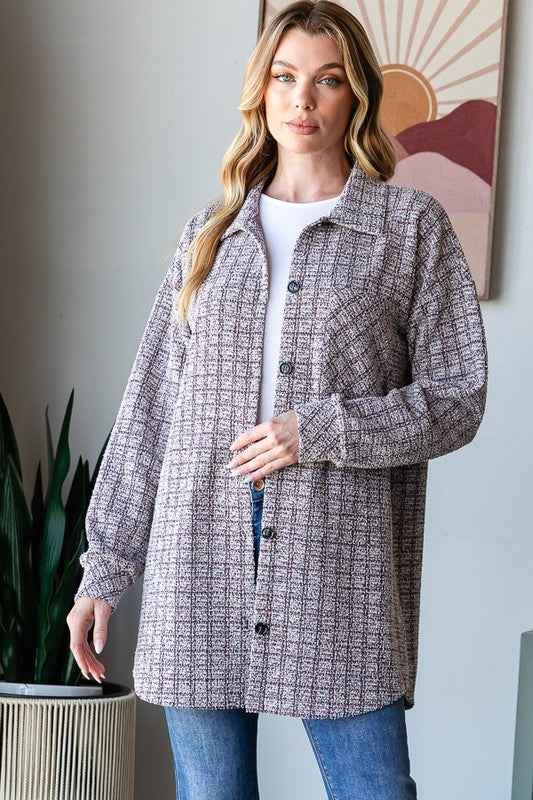 Long Puff Sleeve Houndstooth Tweed Shacket