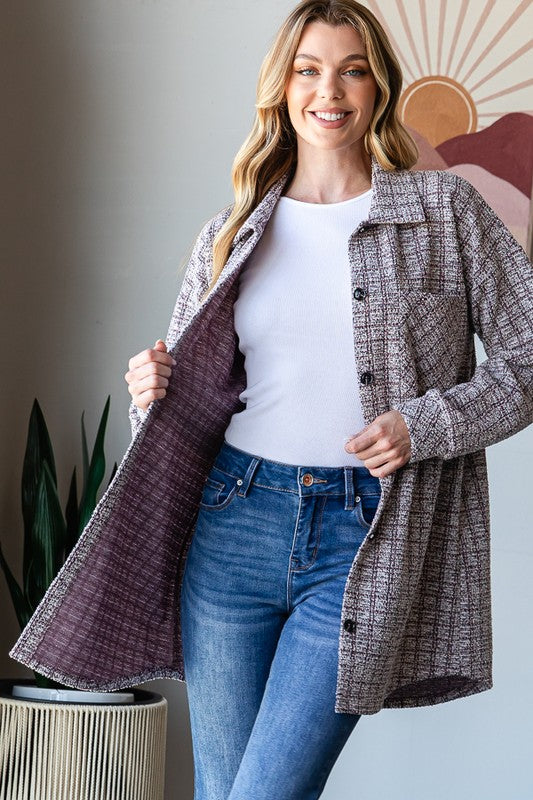 Long Puff Sleeve Houndstooth Tweed Shacket