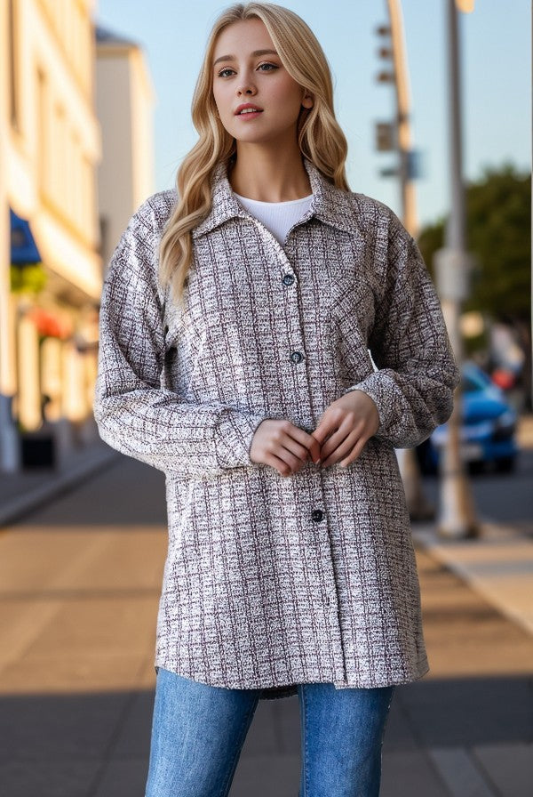 Long Puff Sleeve Houndstooth Tweed Shacket