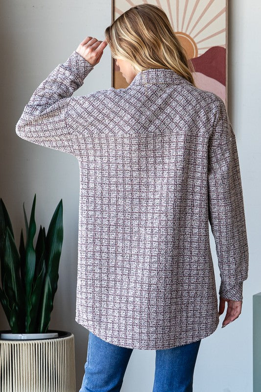 Long Puff Sleeve Houndstooth Tweed Shacket