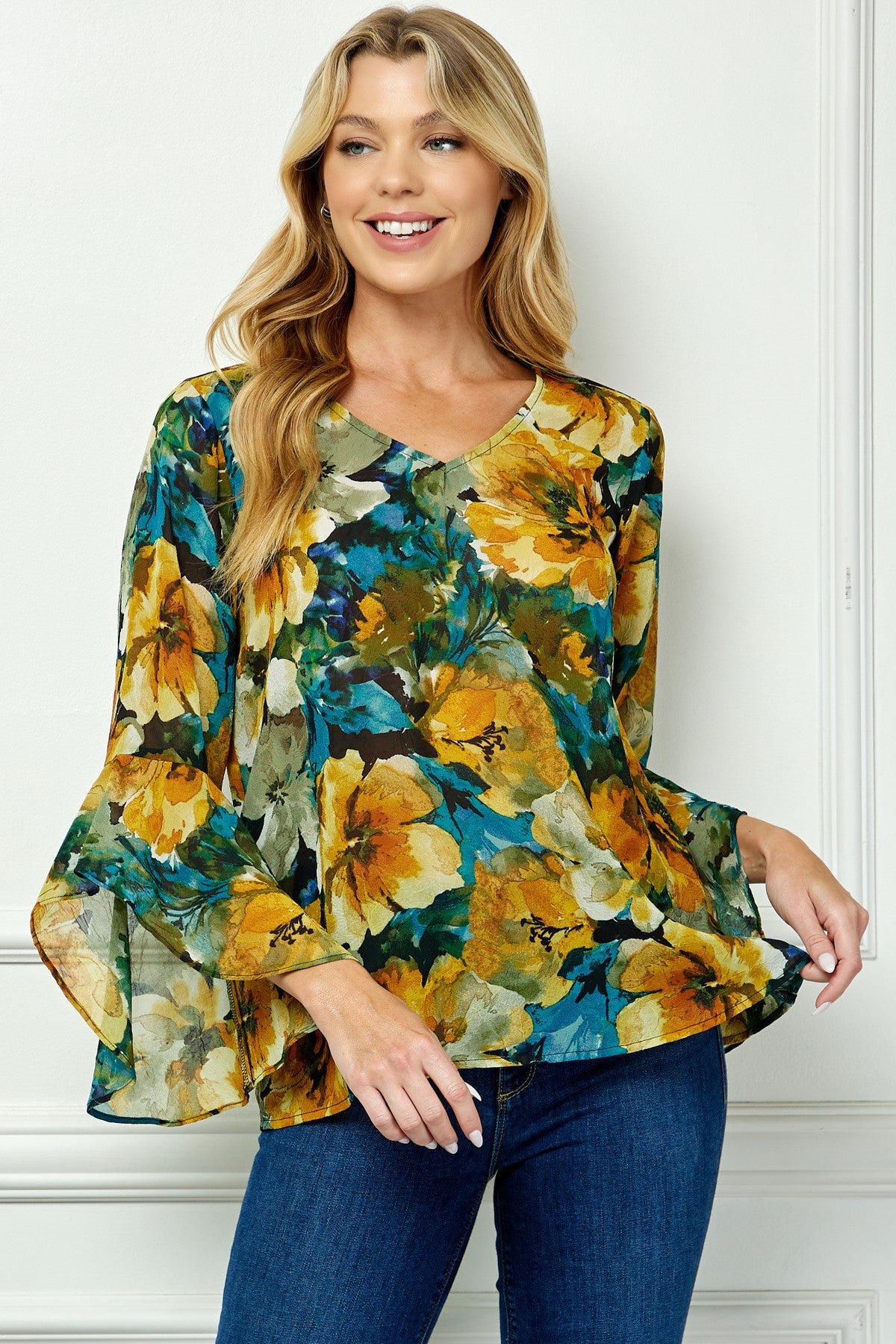 Ruffle Sleeve V-neck Swing Blouse