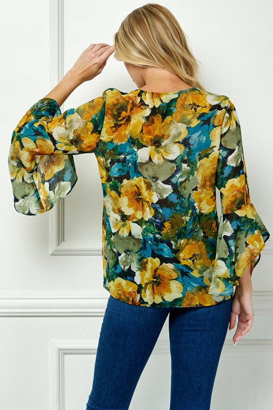 Ruffle Sleeve V-neck Swing Blouse