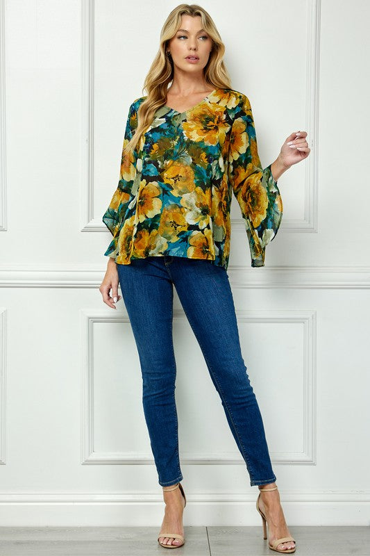 Ruffle Sleeve V-neck Swing Blouse