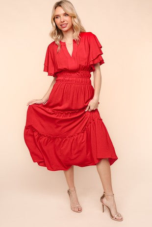 Solid Notched Neck Maxi Dress W/ Side Pockets