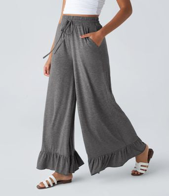 High Waisted Drawstring Side Pocket Ruffle Wide Leg Casual Pants