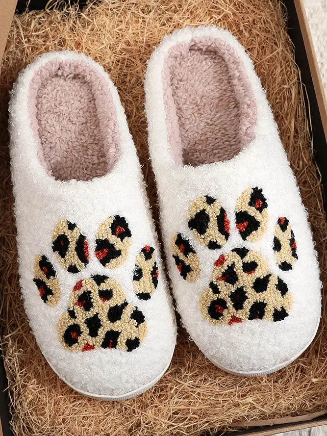 Leopard Cat Paw Pattern Knit Plush Slippers
