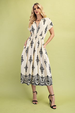Printed V-neck Midi Dress