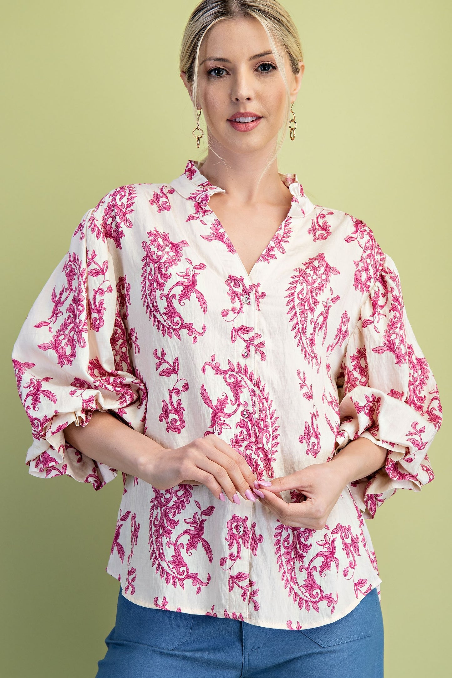 Botton Down Blouse With 3/4 Length Balloon Sleeves