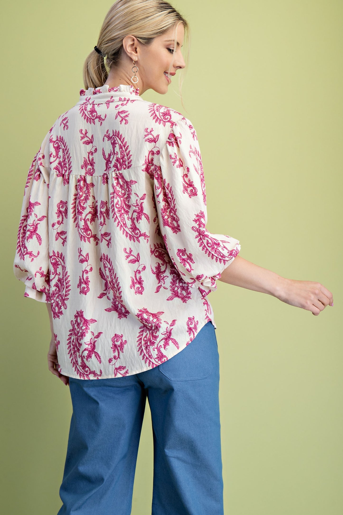 Botton Down Blouse With 3/4 Length Balloon Sleeves