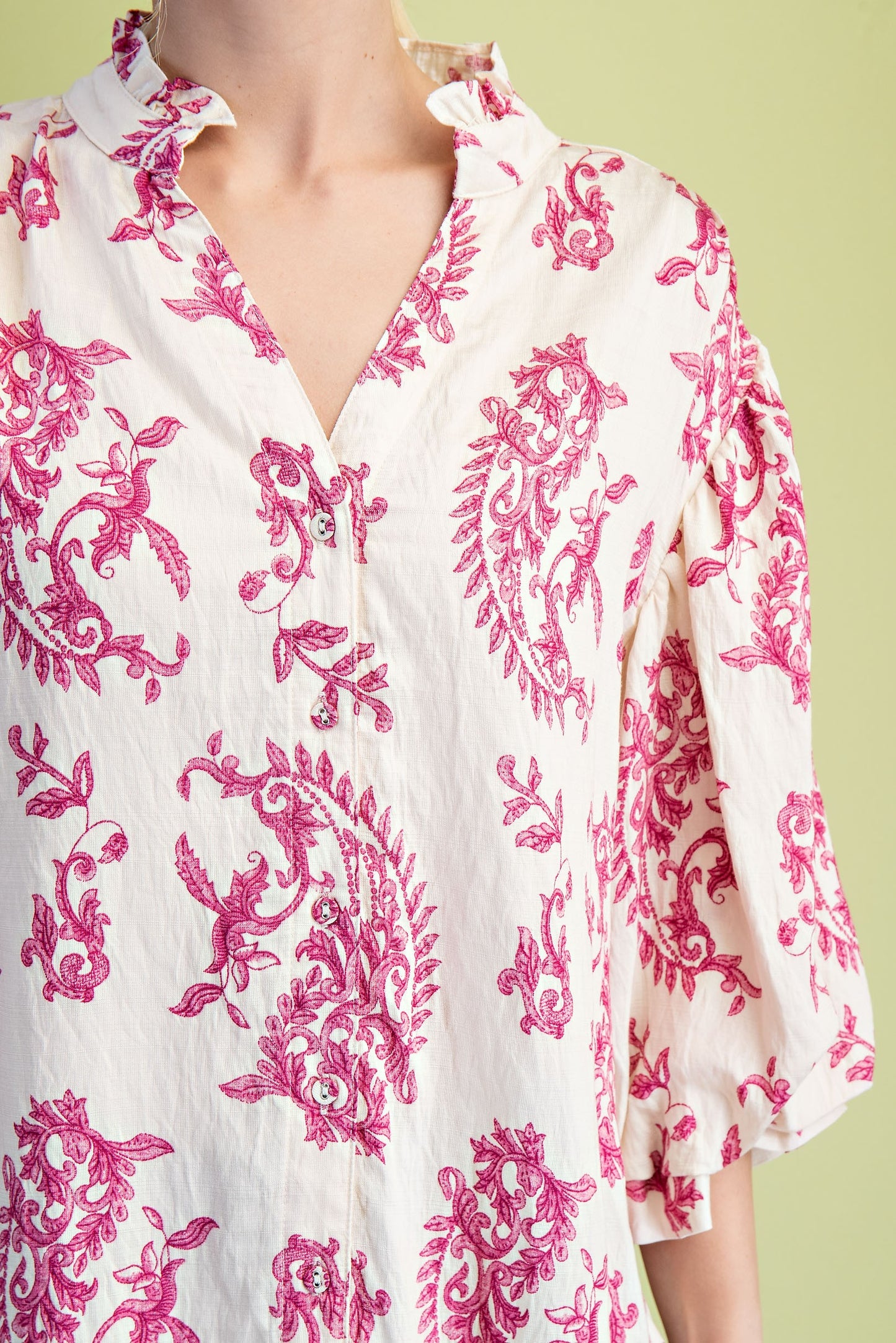 Botton Down Blouse With 3/4 Length Balloon Sleeves