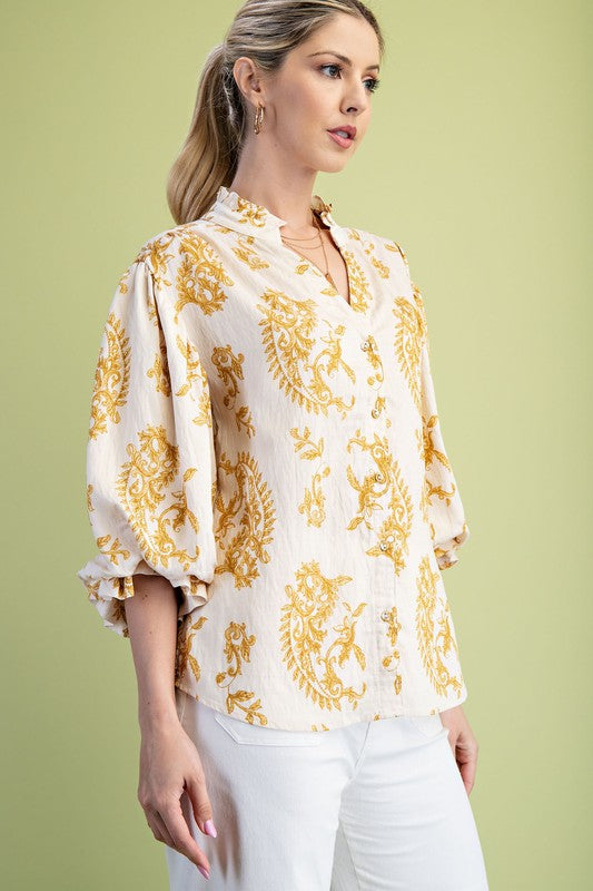 Botton Down Blouse With 3/4 Length Balloon Sleeves